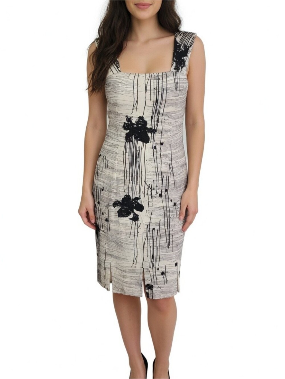 Joseph Ribkoff Sleeveless Black & Cream Floral Abstract Print Sheath Dress